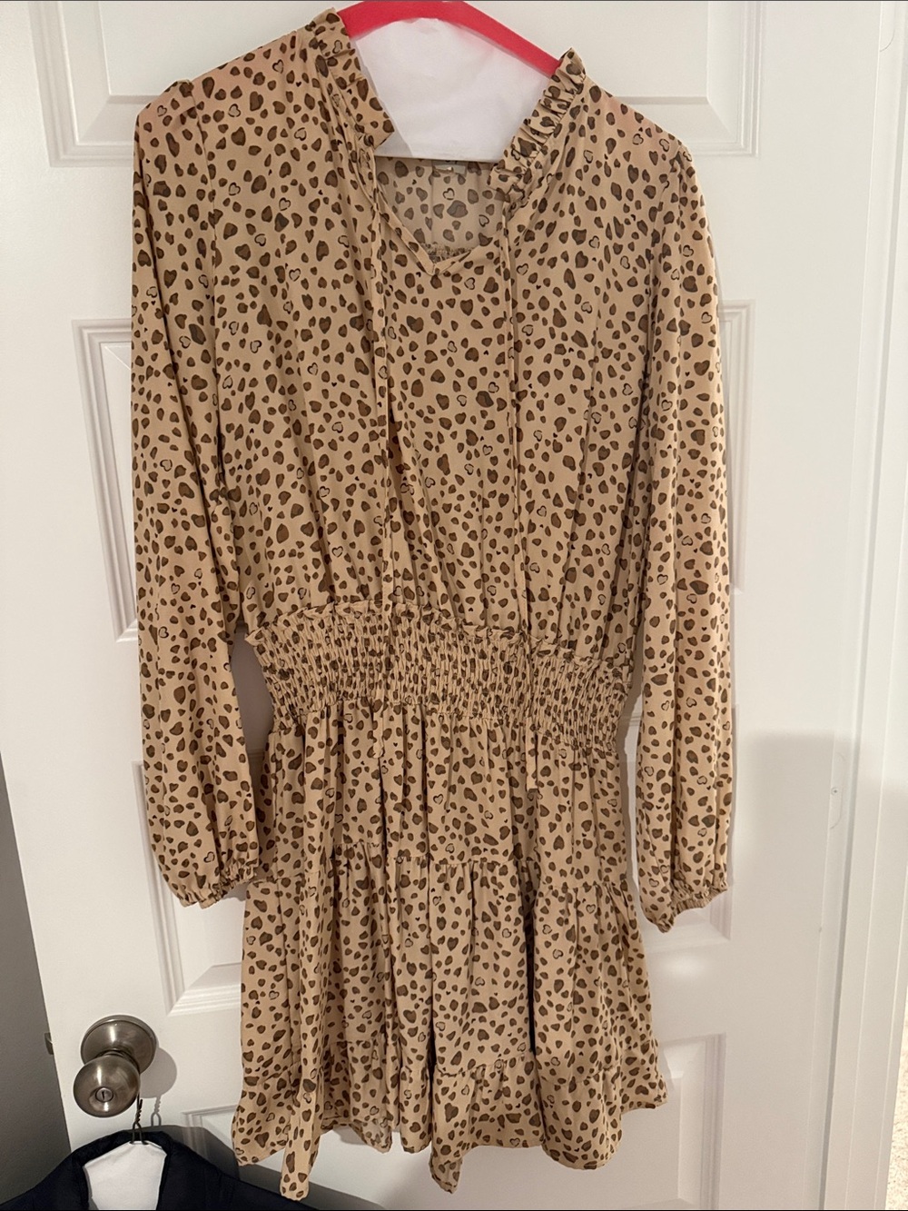 Beige Leopard Print Smocked-Waist Long Sleeve Dress
